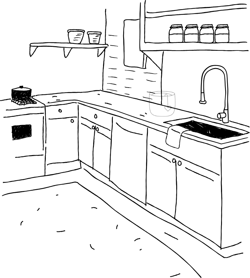 Ilustrace kuchyňky s popisky samolepek